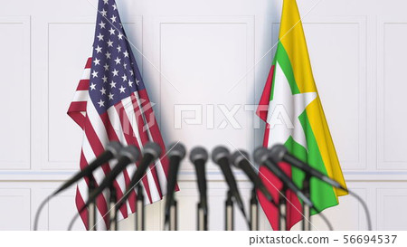 Flags of the USA and Myanmar at international meeting or conference. 3D rendering 56694537