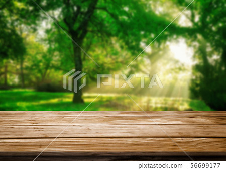 Brown wood table in green blur nature background. 56699177