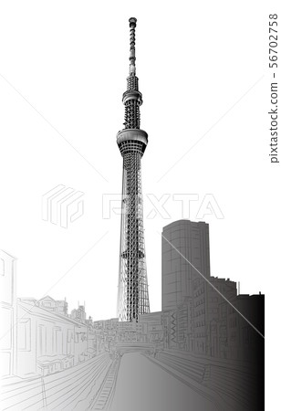 Japanese Skyline Tokyo Sky Tree Black And White Stock