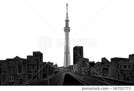 在東京天空樹線反向白色背景旁邊的日本地平線 在東京天空樹線反向白色背景旁邊的日本地平線 56702773