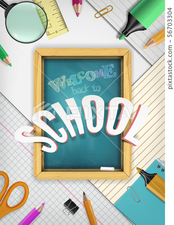 school supplies, colorful hand drawn text and chalkboard on paper background. Back to school sale school supplies, colorful hand drawn text and chalkboard on paper background. Back to school sale 56703304