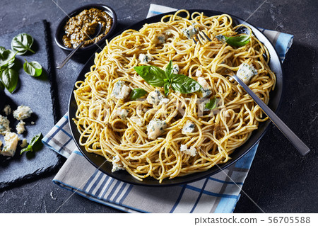 tasty pasta with basil pesto, top view 56705588