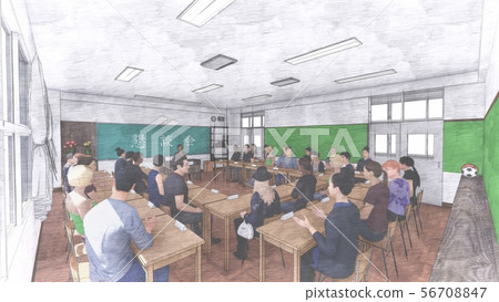 School roundtable with people, blackboard letters, illustration 22 56708847