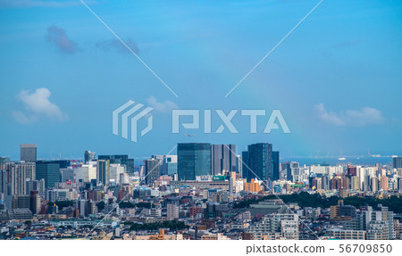 View of Tokyo cityscape in Japan, Osaki area, rainbow, airplane, etc. 56709850