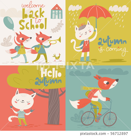 Set of four vector vintage style welcome back to school designs with cartoon animals. Set of four vector vintage style welcome back to school designs with cartoon animals. 56712897