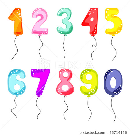 Cartoon balloon numbers for birthday kids party cards. Child celebration invitation card vector set. Cartoon balloon numbers for birthday kids party cards. Child celebration invitation card vector set. 56714136