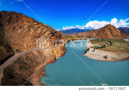 Chuysky trakt road and Katun river in the Altai mountains. 56717607