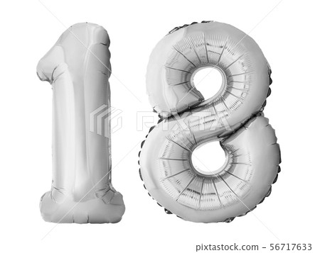 Number 18 eighteen made of silver inflatable balloons isolated on white background Number 18 eighteen made of silver inflatable balloons isolated on white background 56717633
