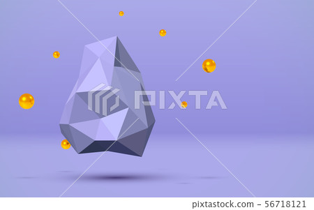 Blue 3D background with abstract flying low poly rock and golden balls around 56718121