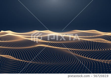 Abstract digital landscape with flowing particles and upper light. Cyber or technology background 56720819