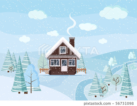 Winter snowy landscape scene with brick house, winter trees, spruces, clouds, river, snow, fields in 56731098
