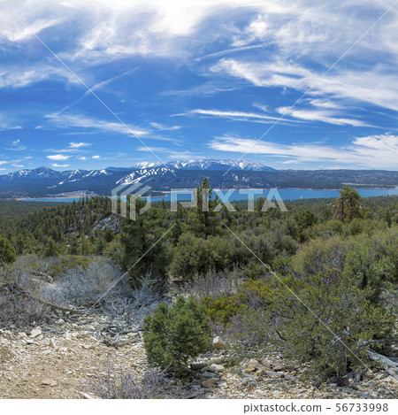 Trail in Big Bear CA overlooking lake and mountain 56733998