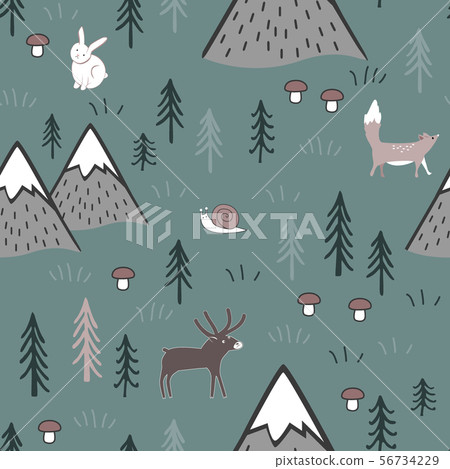 Scandinavian cartoon seamless pattern with animals, trees, mushrooms, and mountains. Cute background Scandinavian cartoon seamless pattern with animals, trees, mushrooms, and mountains. Cute background 56734229