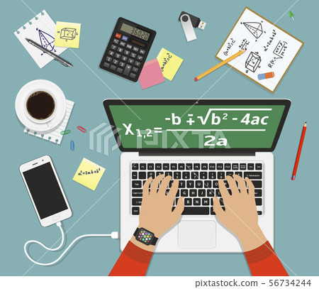 College student solves math formula on laptop College student solves math formula on laptop 56734244