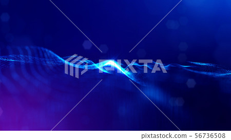 3d rendering background of glowing particles that form curved lines and 3d surfaces, grid with depth 56736508