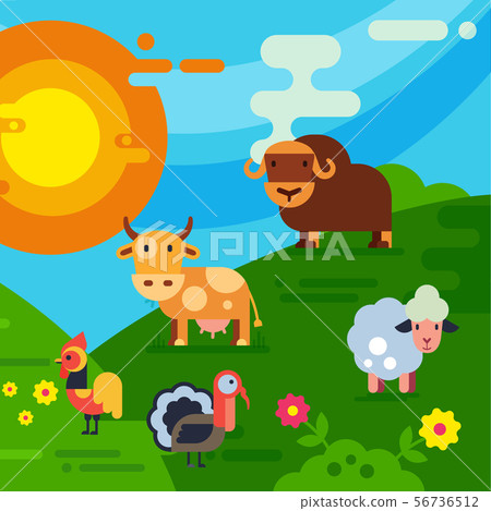 Farm animals and birds or stockyard vector illustration. Cartoon cow, sheep and bull, turkey and Farm animals and birds or stockyard vector illustration. Cartoon cow, sheep and bull, turkey and 56736512