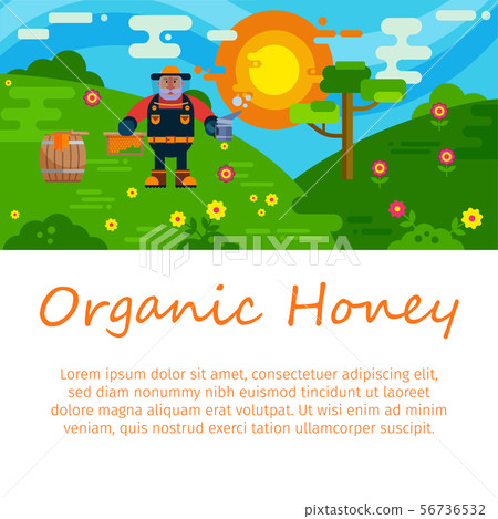 Organic honey products vector flat illustrations for web or banner. Honeykeeper cartoon character 56736532