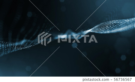 3d rendering background of glowing particles that form curved lines and 3d surfaces, grid with depth 56736567