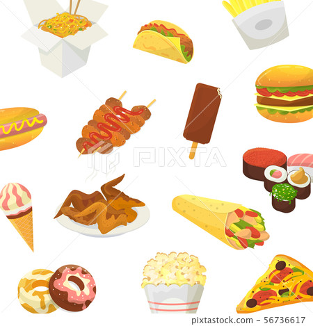 Fast food vector pattern. Hamburger, pitzza, roasted chicken and pop corn with sushi and icre cream 56736617