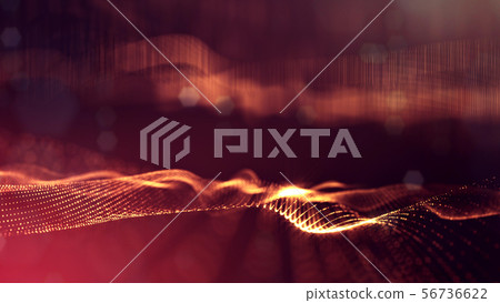 3d rendering background of glowing particles that form curved lines and 3d surfaces, grid with depth 56736622