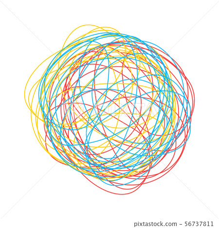 Complicated chaotic ravel made of three colorful threads isolated on white 56737811