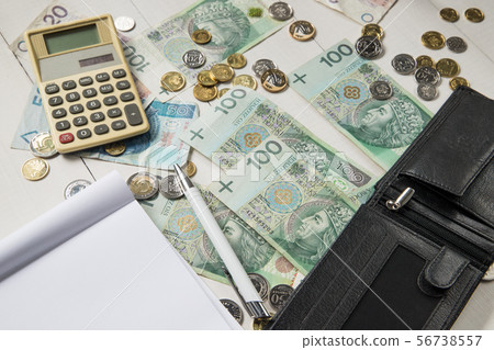 Polish money with black leather wallet. Polish money with black leather wallet. 56738557