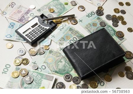 Polish money with black leather wallet. Polish money with black leather wallet. 56738563
