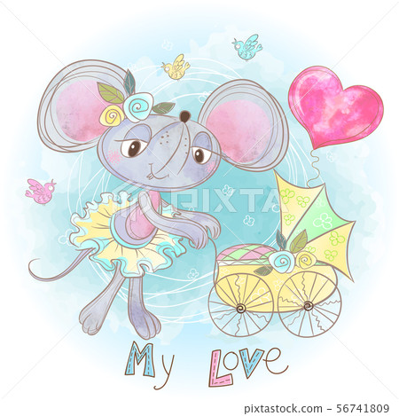 Mom Mouse With A Baby In A Stroller My Child 插圖素材 圖庫