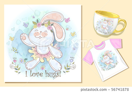 Bunny hug. Hilarious e-card. Print on the mug and t-shirt. Vector. Watercolor 56741878
