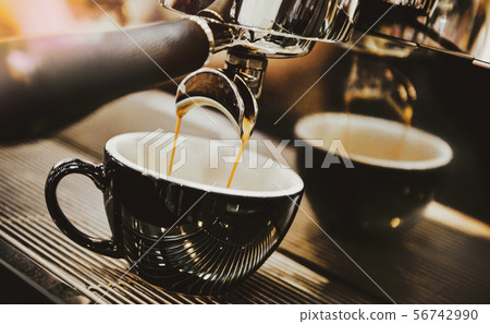 Espresso machine brewing a coffee. Coffee pouring Espresso machine brewing a coffee. Coffee pouring 56742990