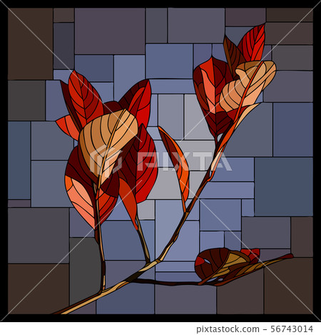 Stained glass window with branch of autumn leaves. Stained glass window with branch of autumn leaves. 56743014