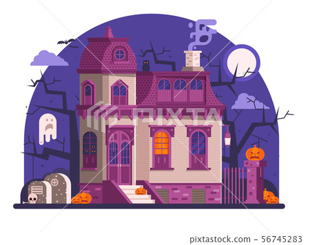 Haunted Halloween Ghost House Scene in Flat Haunted Halloween Ghost House Scene in Flat 56745283