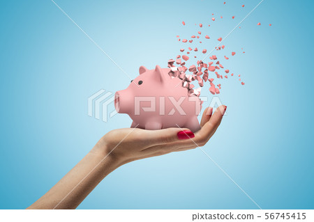 Close-up of woman's hand facing up and holding cute pink piggy bank that has started to disintegrate 56745415