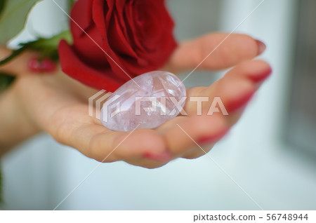 Female hands with manicure holding a yoni egg and red rose. The flower as a symbol of menstruation 56748944