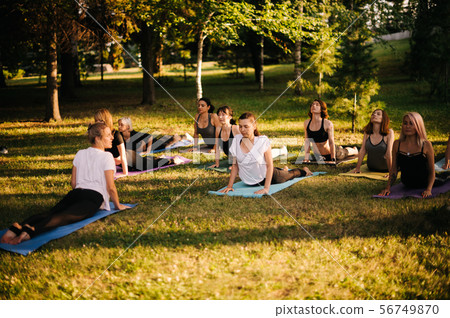 Group of young sporty people doing are yoga pose Urdhva Mukha Svanasana 56749870