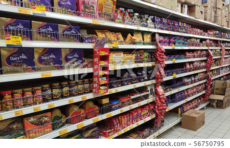 Chocolate foods for sale in supermarket. Chocolate foods for sale in supermarket. 56750795