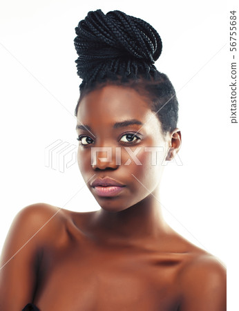 young pretty african american woman with natural makeup taking care of her skin isolated on white 56755684