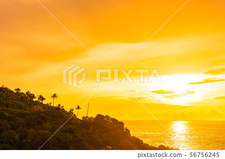 Beautiful outdoor tropical beach sea around samui island with coconut palm tree and other at sunset time Beautiful outdoor tropical beach sea around samui island with coconut palm tree and other at sunset time 56756245