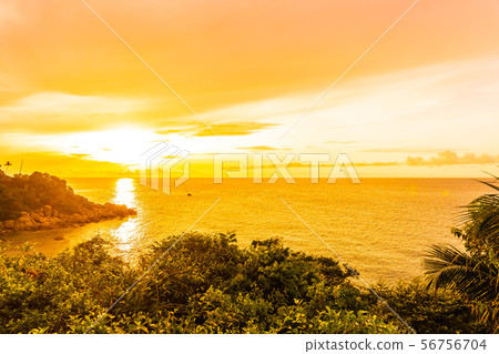 Beautiful outdoor tropical beach sea around samui island with coconut palm tree and other at sunset time Beautiful outdoor tropical beach sea around samui island with coconut palm tree and other at sunset time 56756704
