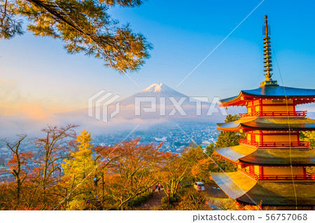 Beautiful landscape of mountain fuji with chureito pagoda around maple leaf tree in autumn season Beautiful landscape of mountain fuji with chureito pagoda around maple leaf tree in autumn season 56757068