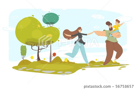 Happy Family with Kid Running along Garden Path Happy Family with Kid Running along Garden Path 56758657