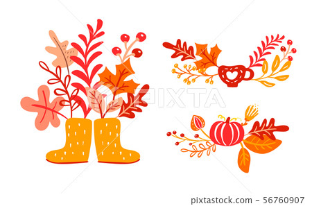 Yellow rubber boots with autumn leaves bouquet. Orange leaves of maple with cup, pumpkin with Yellow rubber boots with autumn leaves bouquet. Orange leaves of maple with cup, pumpkin with 56760907