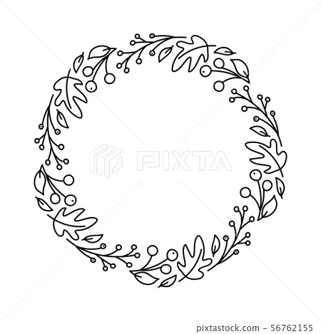 Vector monoline round autumn wreath. Bouquet frame with leaves, berries and other autumnal elements Vector monoline round autumn wreath. Bouquet frame with leaves, berries and other autumnal elements 56762155
