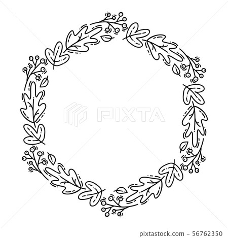 Vector monoline autumn wreath. Bouquet frame with leaves, berries and other autumnal elements 56762350