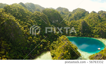Coron, Palawan, Philippines, aerial view of beautiful Twin lagoon and limestone cliffs. 56763332