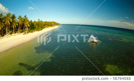 Aerial view of Bohol coast Island with boats. Aerial. Fisheye view. Philippines. 56764088