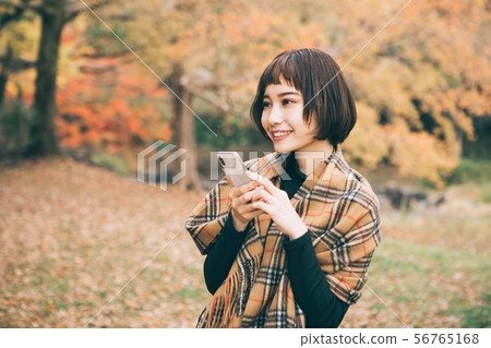 接觸由秋葉包圍的智能手機的婦女 56765168