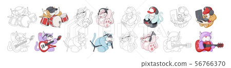 Musican cartoon animal. Childish cat band. Coloring book page for kids set Musican cartoon animal. Childish cat band. Coloring book page for kids set 56766370