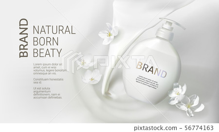 Cosmetic poster with pouring milk and jasmine soap Cosmetic poster with pouring milk and jasmine soap 56774163