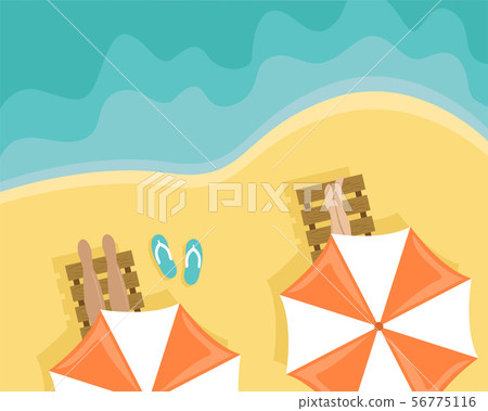 Beach with people lying on sun loungers and beach Beach with people lying on sun loungers and beach 56775116